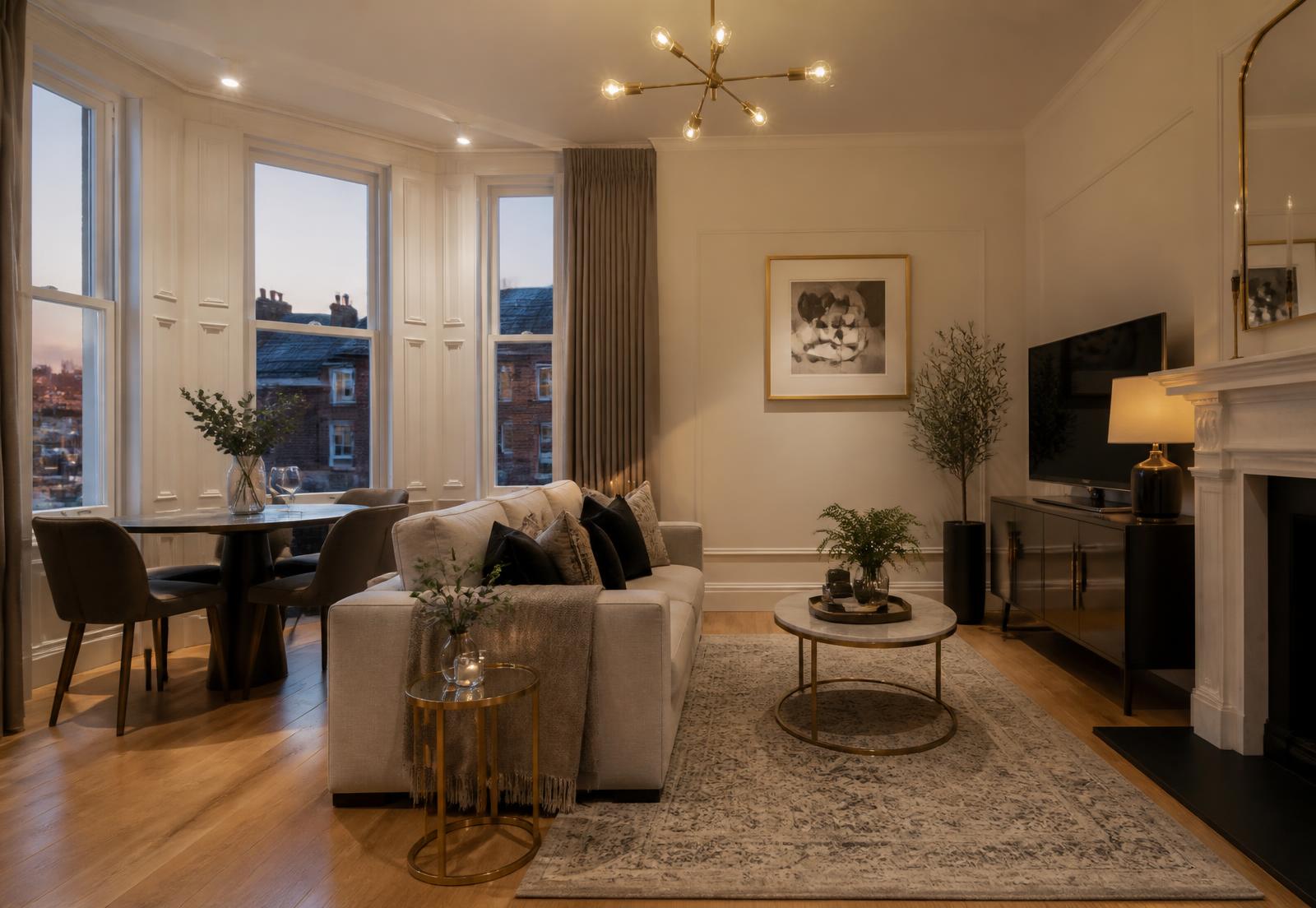 Elegantly styled short-let apartment living room with warm evening lighting in Northern Ireland